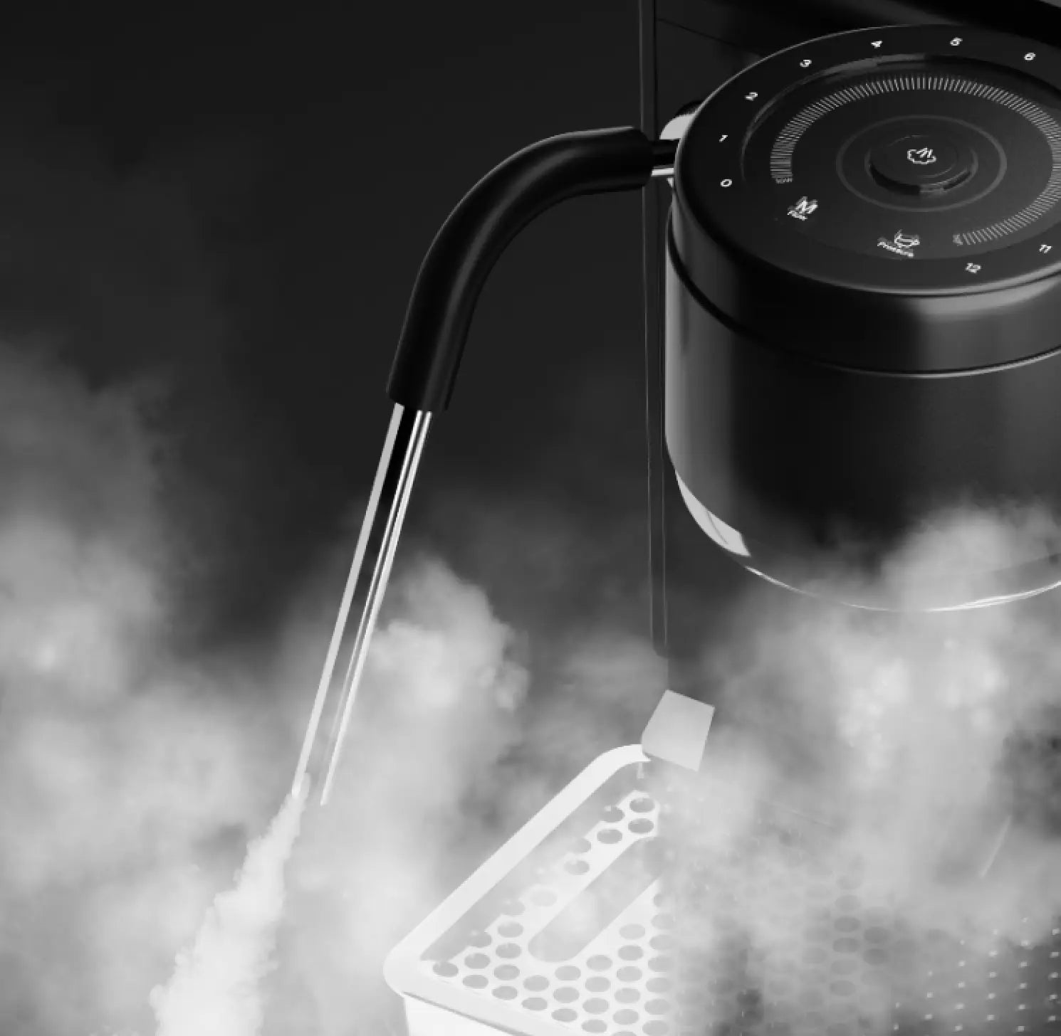 Close-up of the Wendougee LITA espresso machine showing steam and control features for perfect coffee brewing.