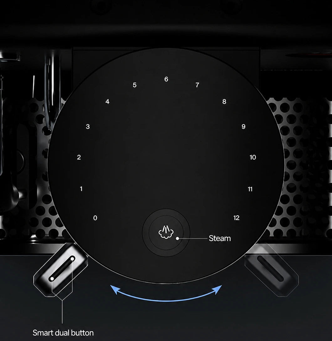 Wendougee LITA Sigma Black coffee machine intelligent controlled disc function with a paddle to control the pressure and the flow of the coffee extraction and the steam button with text about brew modes and features.
