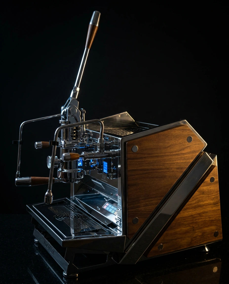 ACS Vostok One Group Espresso Machine showcasing elegant design and lever-operated functionality.