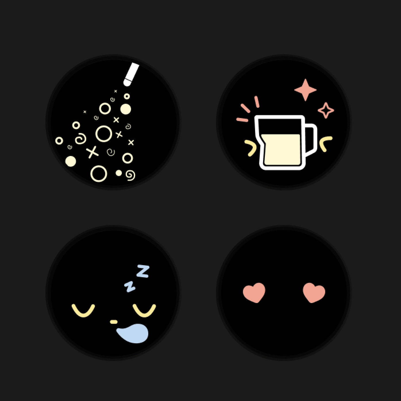 Wendougee lita Four colorful icons featuring bubbly drink, a beverage glass, a sleeping face, and hearts on a black background.