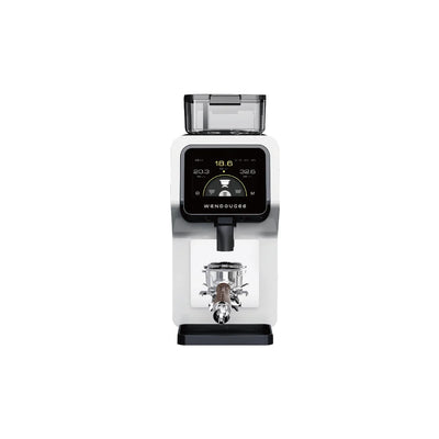A Wendougee RKone coffee grinder with a white body, black digital display screen, and clear bean hopper, shown on a solid white background.